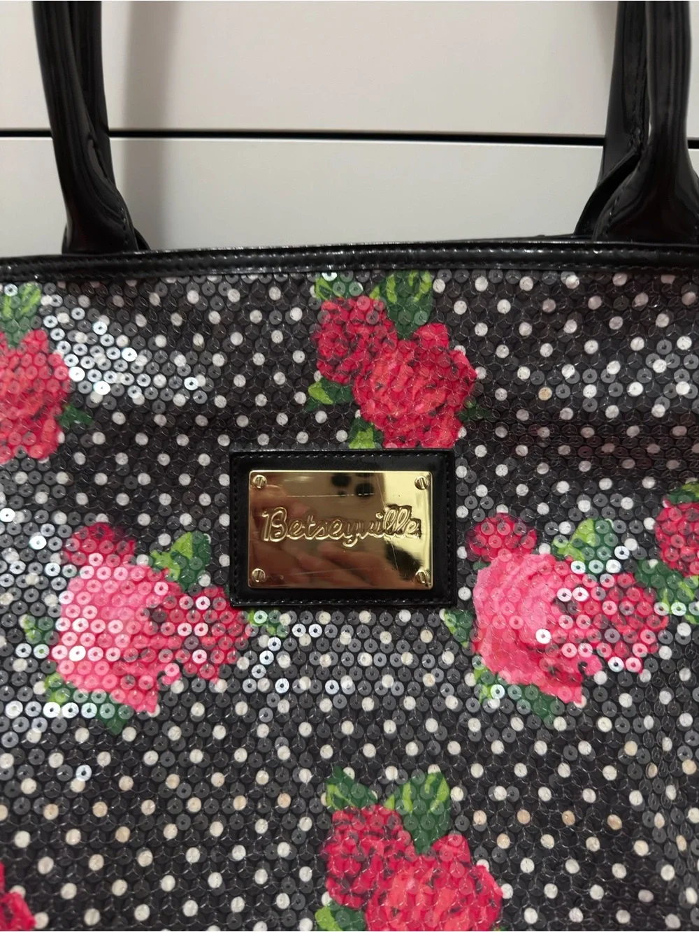 Vintage Betseyville Betsey Johnson Rose Polka Dot Sequin Tote Bag